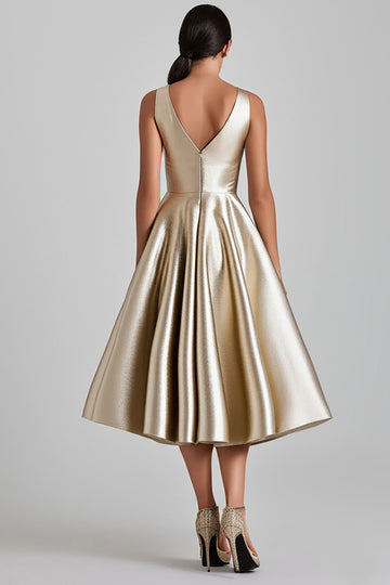 Metallic Champagne V Neck A Line Midi Formal Dress